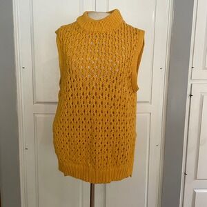 Roxy Yellow Knit Mock Neck Sleeveless‎ Tunic Vest Sweater Crochet Lace